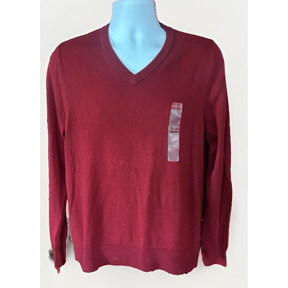 Merona Cotton Wool Blend Burgundy V-Neck Pullover Sweater Men's Sz Med Scarlet